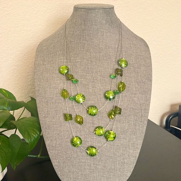 Vintage Art Glass Bead and Silver Wire Layered Necklace with Earrings - Picture 1 of 7